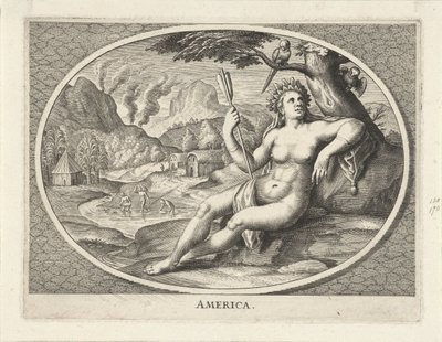 Personnification féminine du continent américain comme femme avec coiffe de plumes et flèche dans un paysage America (titre sur l