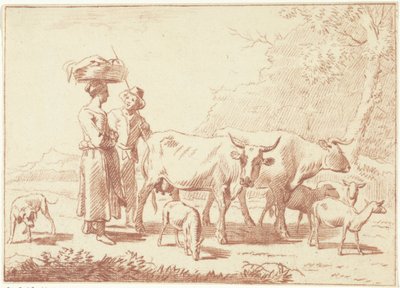Berger et une femme avec des vaches et des moutons - Cornelis van Noorde