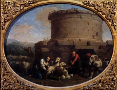 Bergers, troupeaux et paysans à une fontaine à Rome - Cornelis van Poelenburgh
