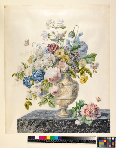 Un vase de marbre avec des fleurs mélangées sur une étagère en marbre, vers 1800 - Cornelis van Spaendonck