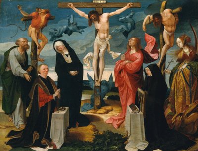 La Crucifixion avec donateurs et saints Pierre et Marguerite - Cornelius Engebrechtsz