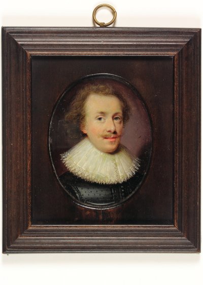 Un gentleman, en pourpoint noir à motifs avec col en dentelle tombante - Cornelius I (attr.to) Johnson