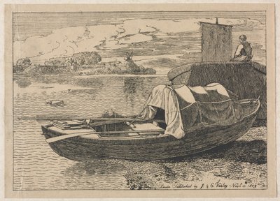 Bateaux sur une rivière, moulin à vent au loin - Cornelius Varley