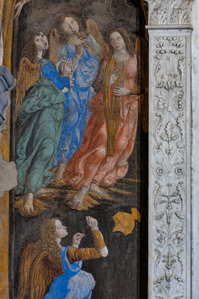 Miracle du Sacrement : détail avec des anges jouant de la musique (fresque) - Cosimo Rosselli