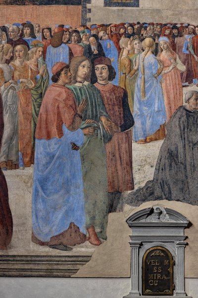 Le groupe des humanistes néoplatoniciens (de gauche à droite, Marsilio Ficino, Giovanni Pico della Mirandola et Agnolo Poliziano) : détail du 