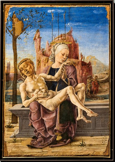 Lamentation, par Cosmè Tura, vers 1460. Dans la partie supérieure gauche de la peinture, un singe est montré accroché aux branches d