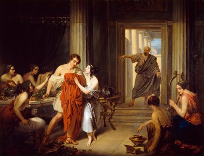Le philosophe grec Socrate (470-399 av. J.-C.) découvre le jeune Alcibiade (450-404 av. J.-C.) avec une hétaire (prostituée grecque) - Cosroe Dusi