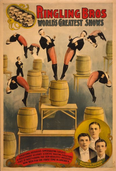 Ringling Bros, les plus grands spectacles du monde Raschetta frères, voltigeurs acrobatiques merveilleux, c. 1900 - Courier Company Lith.
