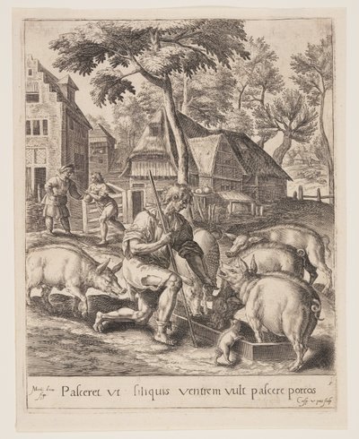 Le fils qui nourrit les porcs, tiré de la parabole du fils prodigue - Crispijn van de Passe I