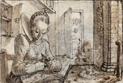 Une jeune femme à la mode assise à une table de cuisine pour écaler des noix - Crispin I de Passe