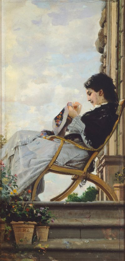 Femme cousant sur la terrasse - Cristiano Banti