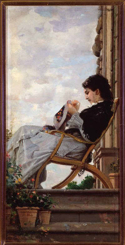 Femme cousant sur la terrasse - Cristiano Banti