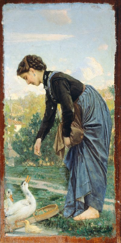 Jeune femme nourrissant un canard, par Cristiano Banti - Cristiano Banti