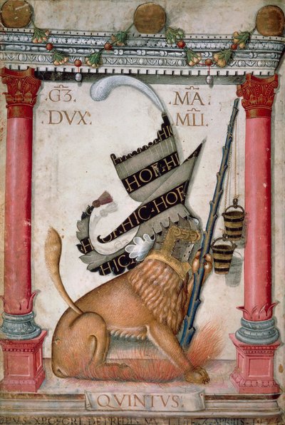 Symbole héraldique représentant un blason avec un lion, des étincelles et des seaux de Galeazzo Maria Sforza, page illuminée par Cristoforo de Predis du Codex du Nouveau Testament, varia 124, Italie 1475 - Cristoforo De Predis