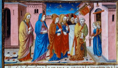 Illumination représentant Marie reçue par les vierges du Temple, dans le Codex De Predis - Cristoforo De Predis