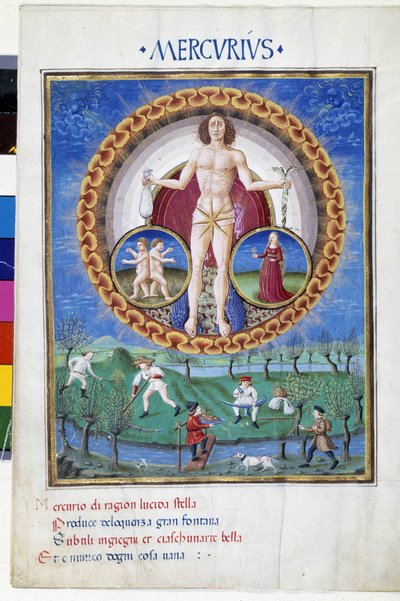 Mercure avec les signes du zodiaque de la Vierge et des Gémeaux. En bas, des paysans travaillant dans les champs. Miniature réalisée par Cristoforo de Predis (v. 1440-v. 1486) - dans 