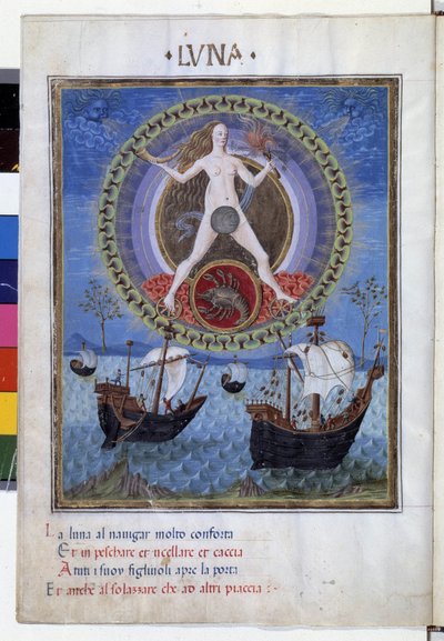 Lune avec le signe du zodiaque du cancer. En bas, bateaux pendant la marée montante. Miniature de Cristoforo de Predis (v. 1440-v. 1486) - dans « De Sphaera » d
