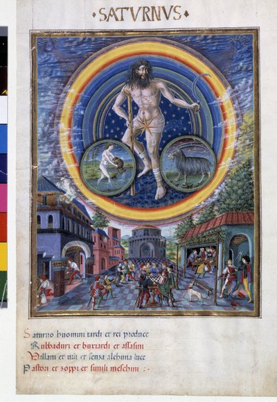 Saturne avec les signes du zodiaque du Verseau et du Capricorne. En bas, les scènes de jeu et son influence sur les hommes. Miniature réalisée par Cristoforo de Predis (v. 1440-v. 1486) - dans 