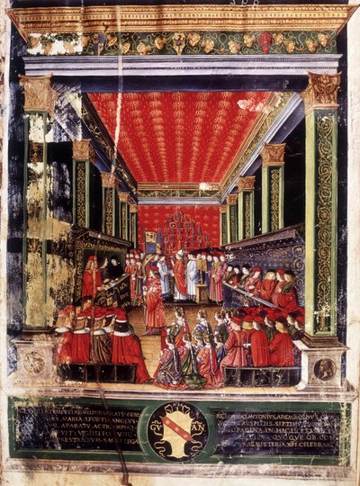 Investiture de Ludovic Marie Sforza dit le More (Ludovico Maria Sforza detto il Moro) (1452-1508) - enluminure du Missel du cardinal Arcimboldi, réalisée par le célèbre miniaturiste Cristoforo de Predis. Biblioteca Capitolare, Milan. - Cristoforo De Predis