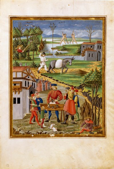 Influence de la Lune : scène de pêche, chasse et agriculture (miniature, c.1470) - Cristoforo De Predis