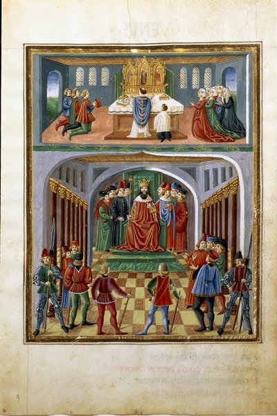 Influence du soleil : pouvoirs temporels (roi devant ses courtisans) et pouvoirs spirituels (prêtre servant dans une église). (miniature, vers 1470) - Cristoforo De Predis