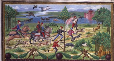 La Chasse, détail dans "Influence de mars": chasse et tribunal. Miniature réalisée par Cristoforo de Predis (v. 1440-v. 1486) - dans "De Sphaera" d