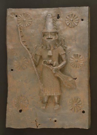 Plaque commémorative représentant un guerrier, Bénin, Nigeria (bronze) - Culture Edo