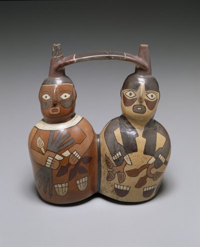 Vase à double bec et anse en forme de sangle : Deux figures, Nazca moyen, AD 100-150 - Culture Nazca
