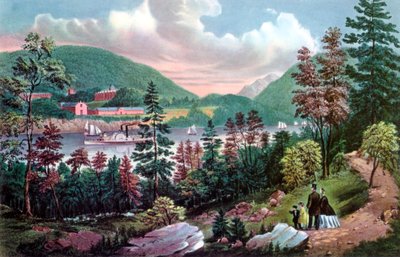 West Point, Académie militaire des États-Unis, depuis la rive opposée - Currier and Ives
