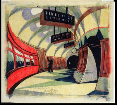 Le train souterrain, vers 1932 (linogravure) - Cyril Edward Power