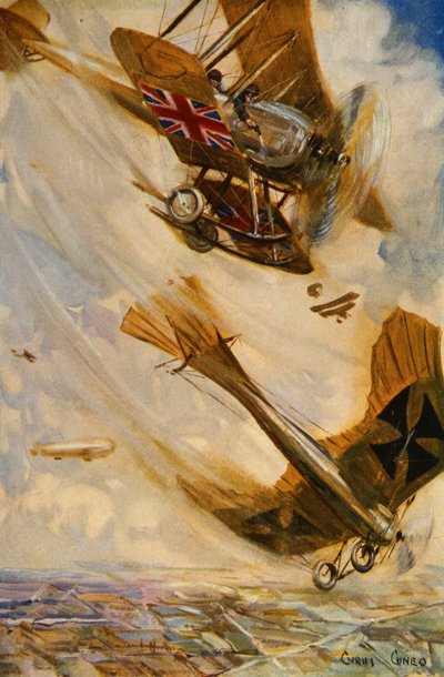 Biplan britannique abattant un monoplan allemand Taube avec des tirs de pistolet, au début de la guerre - Cyrus Cuneo