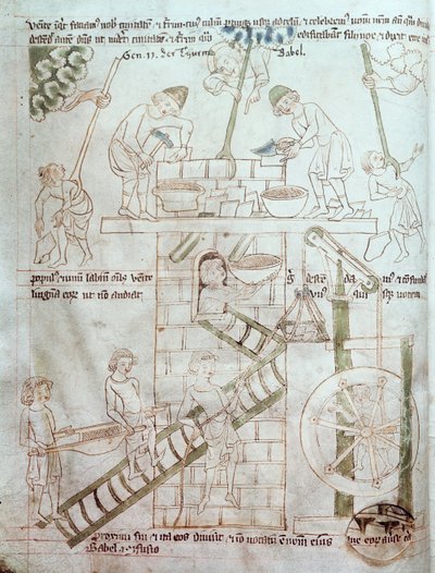 Ms 23 C 124 fol.3 La Construction de la Tour de Babel, de la Bible de Velislav, vers 1340 - Czech School