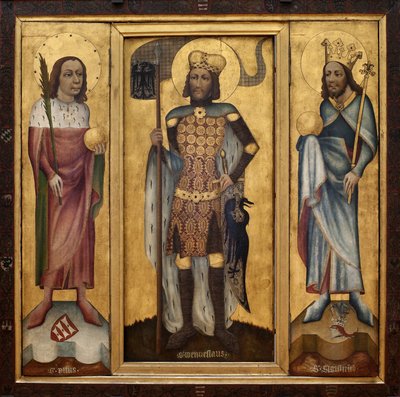 Retable de Mulhouse (ou retable de Prague). Retable ouvert, avec les trois principaux saints de Bohême : Saint Guy, portant une palme et un globe, Saint Venceslas (ou Venceslas, duc de Bohême, vers 907-929) portant une cotte de mailles et tenant un décor - Czech School