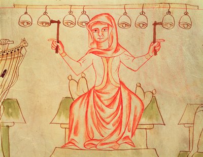 Ms XXIII C.124 Musicien jouant des cloches, de la Bible de Velislav, vers 1340 - Czech School