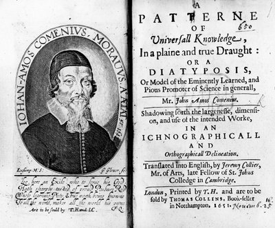 Page de titre et frontispice de A Patterne of Universall Knowledge, incluant un portrait de Jan Amos Komensky, gravé par George Glover, 1651 - Czech School