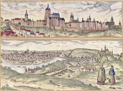 Vue de Prague montrant le Palais Impérial et la rivière Vltava séparant les sections ancienne et moderne de la ville - Czech School