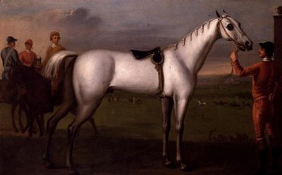 Palefrenier tenant un cheval de course gris - D. Quigley