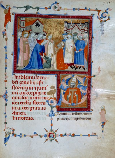 Saint Zanobi ressuscite un garçon (Codice Edili 107, c. 367), pour un Missel Romain - Daddesco Maestro