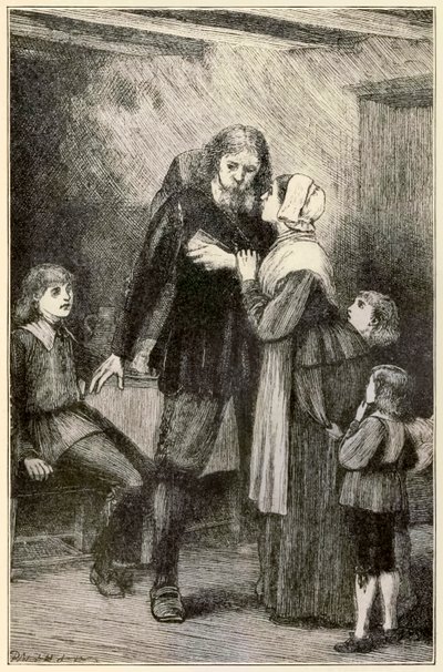 Christian confie à sa femme de The Pilgrims Progress From This World, To That Which Is To Come par John Bunyan (1628-1688) illustration par Thomas Dalziel (1823-1906) Christian avec le lourd fardeau - Dalziel Brothers