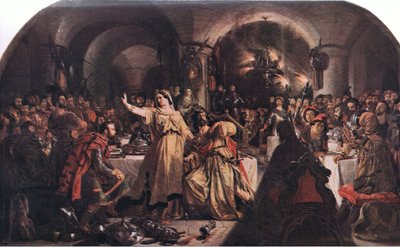 Le fantôme de Banquo (Macbeth) "Prithee, regarde là! regarde! Regarde! Que dis-tu?", des Œuvres complètes de William Shakespeare pub. par J Coker & Co Ltd (lithographie en couleur) - Daniel Maclise