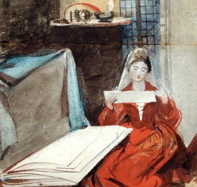 Une dame en costume médiéval étudiant le contenu d