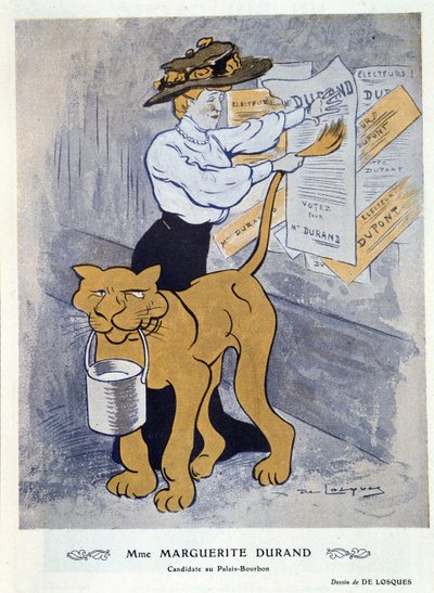 Marguerite Durand collant son affiche électorale, illustration de 