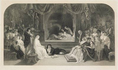 La Scène de la Pièce, Acte III, Scène II de Hamlet de William Shakespeare, gravée par Charles W. Sharpe - Daniel (after) Maclise