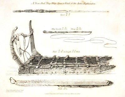 Un traîneau en os, un fouet pour chien, une lance et un couteau des Highlanders arctiques, illustration de 