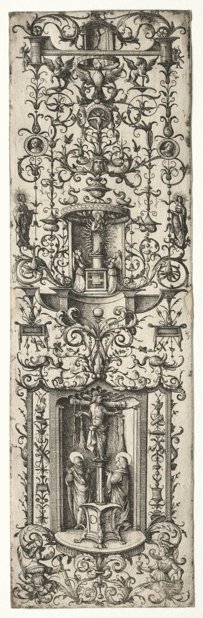 Filet ornemental avec la crucifixion et la Vierge à l