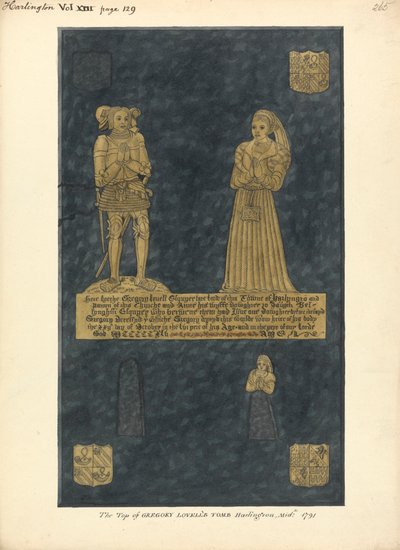 Plaque de laiton pour Gregory Lovell et sa femme Anne, fille de David Bellingham, église de Harlington - Daniel Lysons