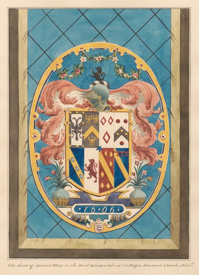 Blason dans une fenêtre en vitrail derrière la chaire de l