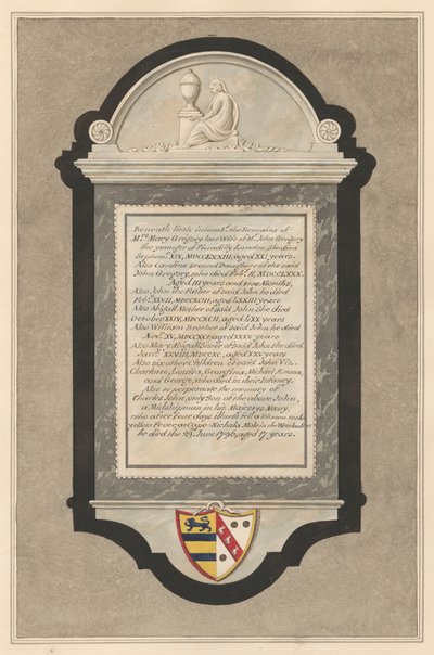 Mémorial à Mme Mary Gregory, Caroline Gregory, John Gregory, Abigail Gregory, William Gregory, Mary Abigail Gregory, six enfants : Charlotte, Louisa, Georgina, Michael, Emma et George Gregory et Charles John Gregory de l