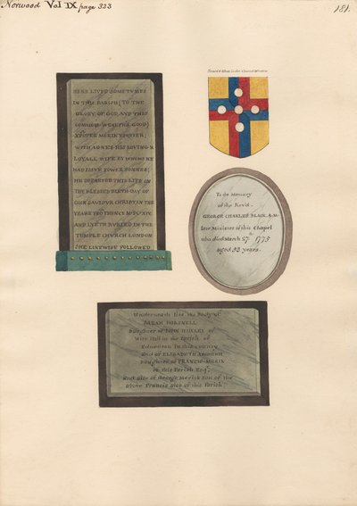 Mémoriaux pour Xpofer et Agnes Merick, George Charles Black, et Sarah Horsnell, Elizabeth Ascough, et George Merick - Daniel Lysons
