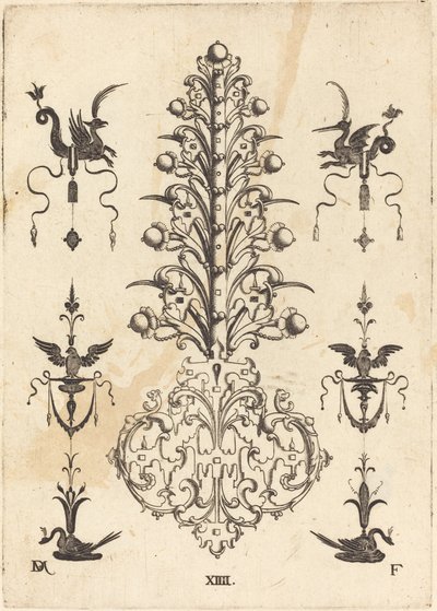 Broche en forme de jacinthe avec animaux ailés en haut et cygnes accroupis en bas - Daniel Mignot